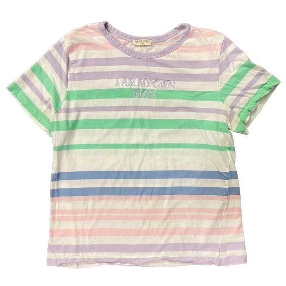 Good Vibes Only I Am My Own Boss Girl’s Striped Short Sleeve Tee Large - Picture 1 of 12